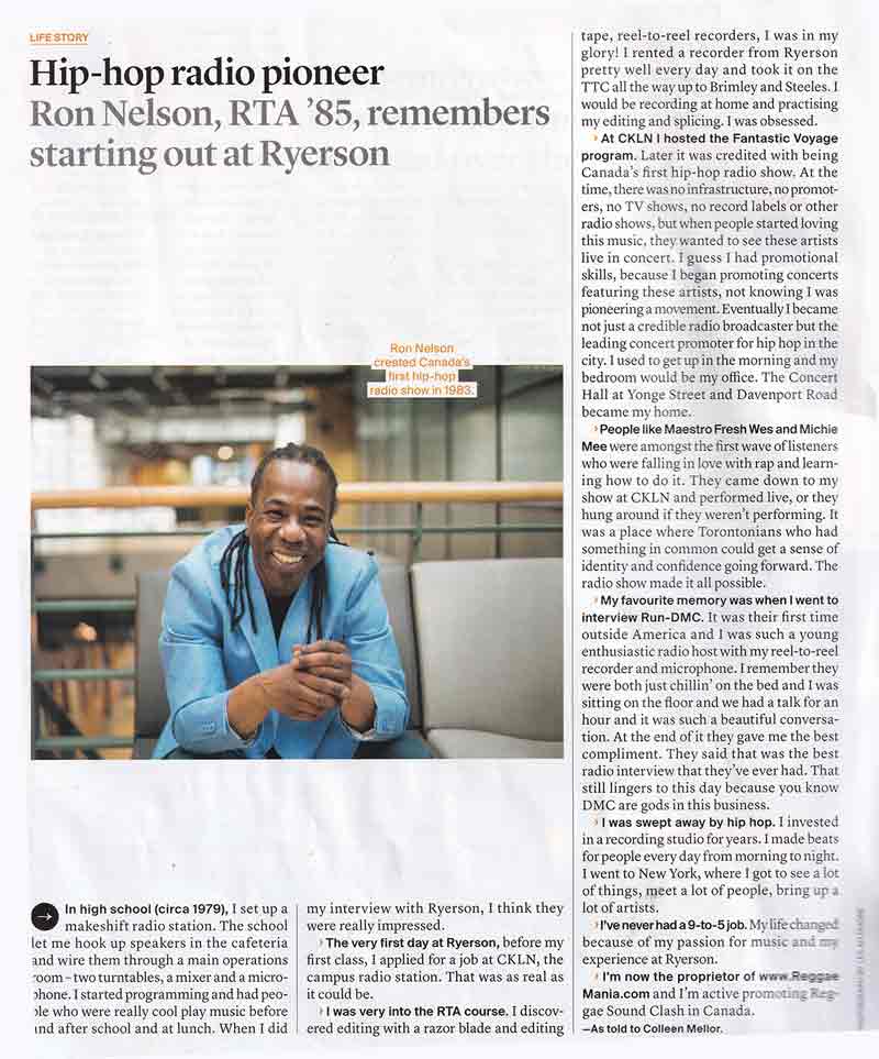 Ryerson University Magazine DJ Ron Nelson feature