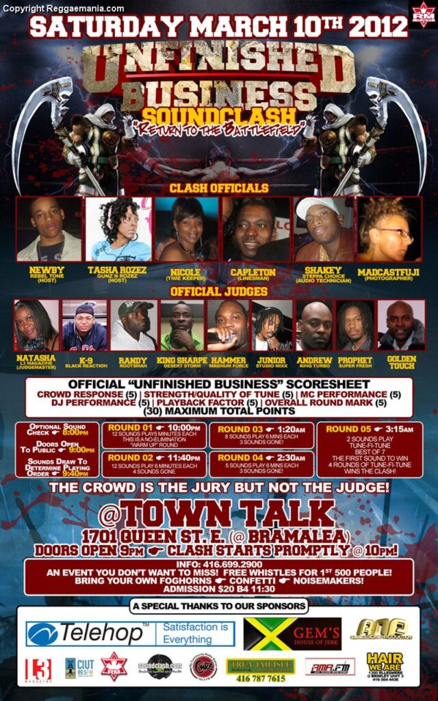 Unfinished Business Soundclash Saturday January 14th @ Towntalk Nightclub
