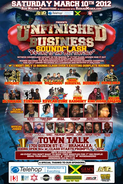 Unfinished Business Soundclash Saturday January 14th 2012 @ Towntalk Nightclub.